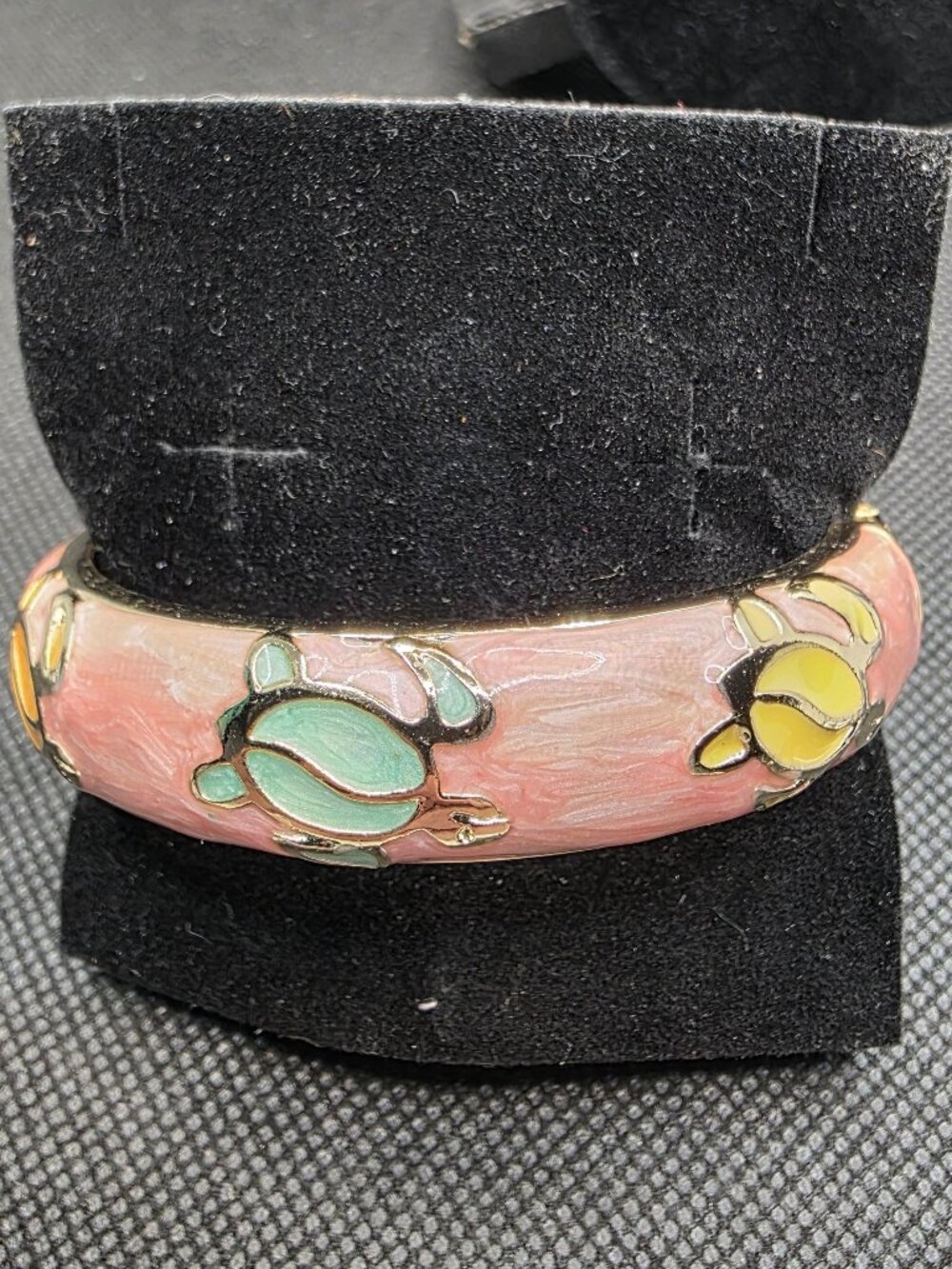 Vintage Jiu Long Xing Pink Enamel Sea Turtle Bangle Bracelet Hinged Clamper